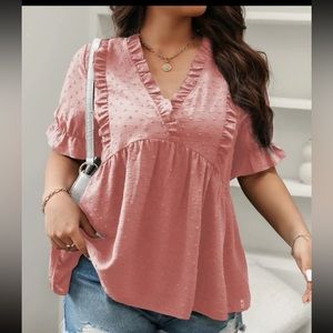 SHEIN CURVE Swiss Dot Frill Trim Flounce Sleeve Peplum Blouse-sz 18